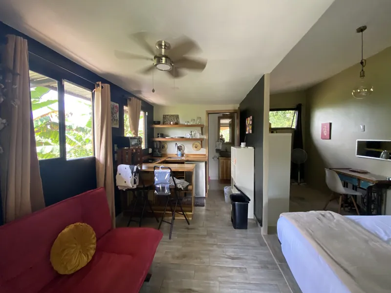 The Jungle Tiny Home’s open-plan studio — red sofa, breakfast bar, and the bed beyond